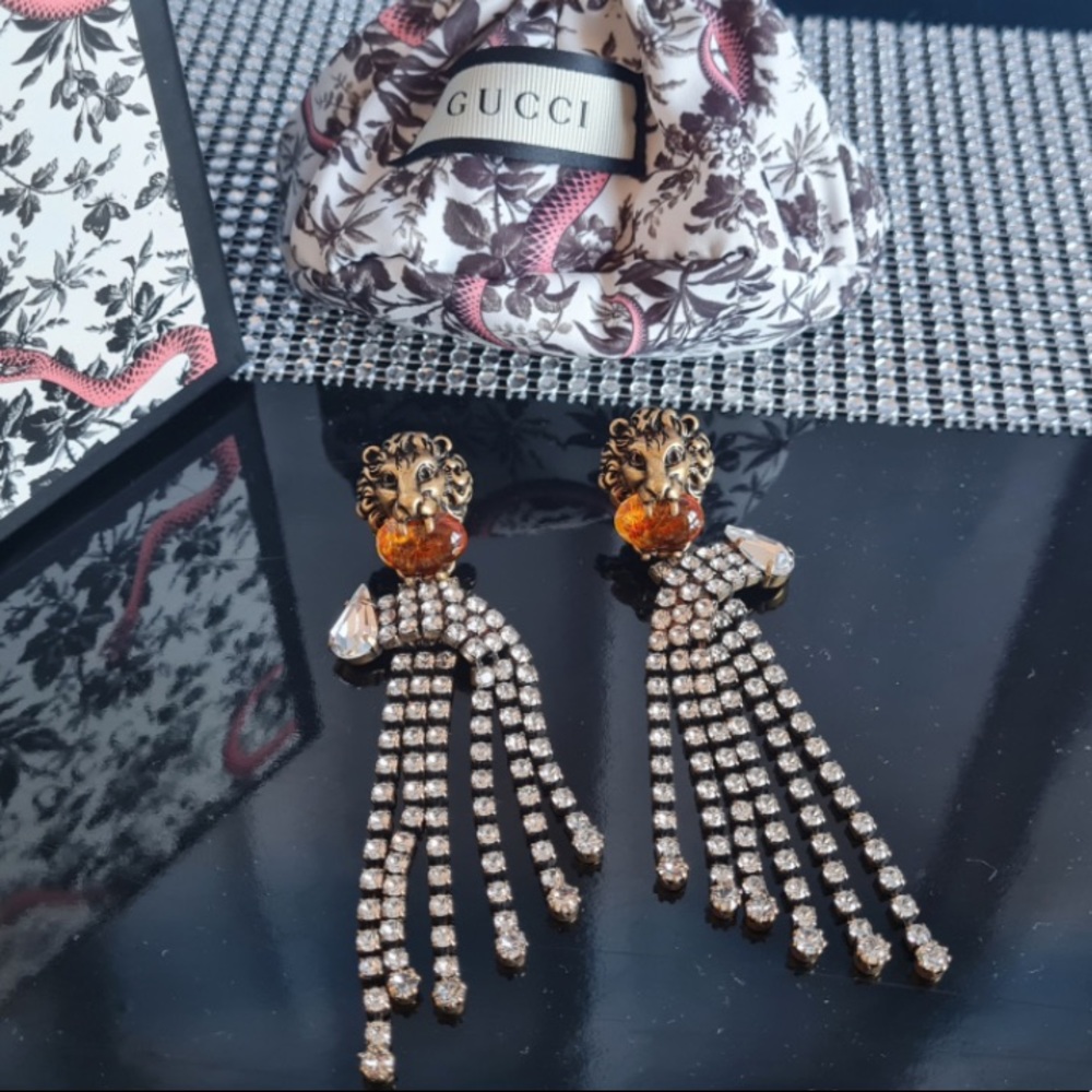 Gucci Gold Lion Head Earrings with Amber Beads and Crystal Fringe